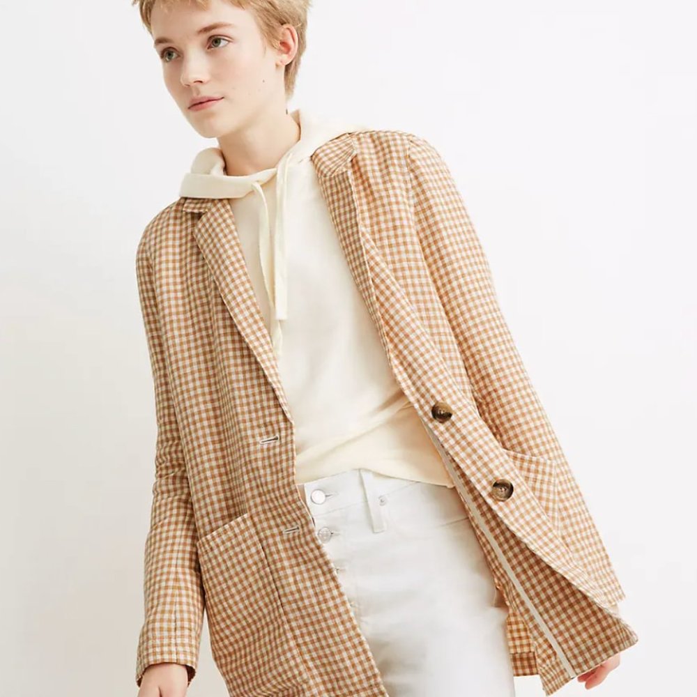 New with tags! Madewell Tan Linen Ginghan Check Blazer, XXS